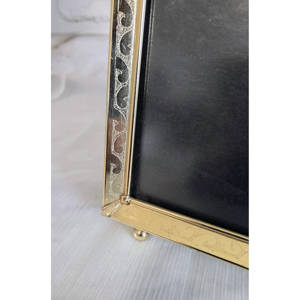 Vintage Etched Scroll‎ Brass Picture Photo Frame 8x10 Shiny Gold Tone Footed MCM